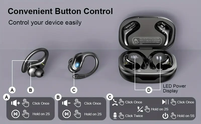 New Wireless Earbuds for Running Sports, Wireless Earphones with Earhooks Pure Bass Sound, In Ear Headphones with Dual-LED Display, Sport Earphones Built-in Microphone, Noise Cancelling Headset