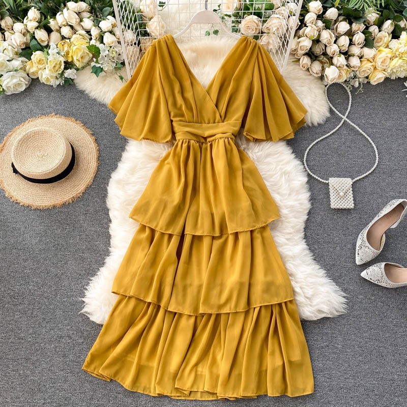 Flare Neck Cake Dress Sexy Backless