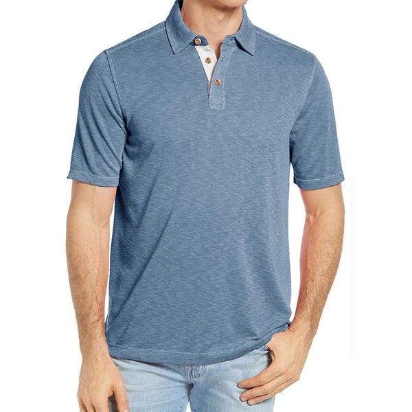 Men's Casual Cotton Polo Shirt with Contrast Lapel - Short Sleeve