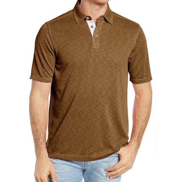 Men's Casual Cotton Polo Shirt with Contrast Lapel - Short Sleeve