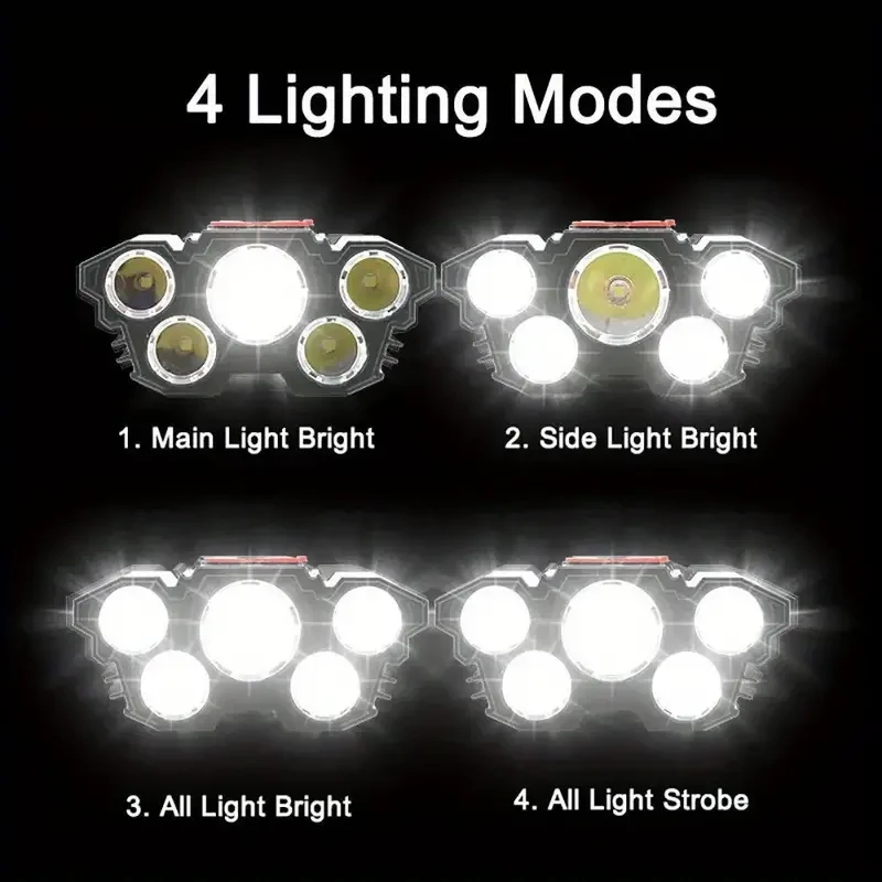 1PC 5 LED Rechargeable Headlamp - Waterproof USB Head Flashlight