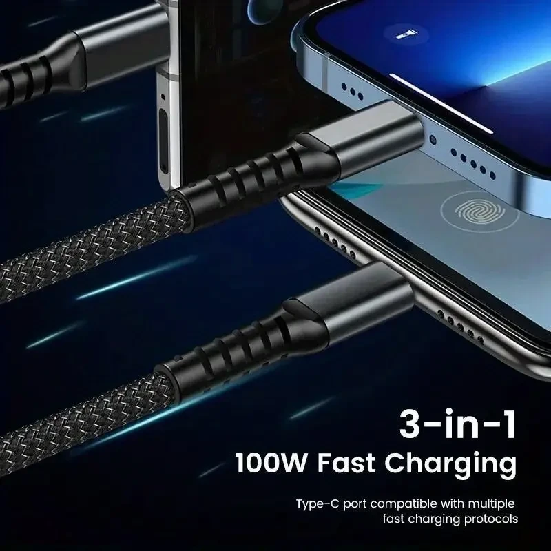 3-in-1 100W USB-C Fast Charging Cable - Multi-Port Micro USB Charging Cord for iPhone, Samsung, Xiaomi POCO