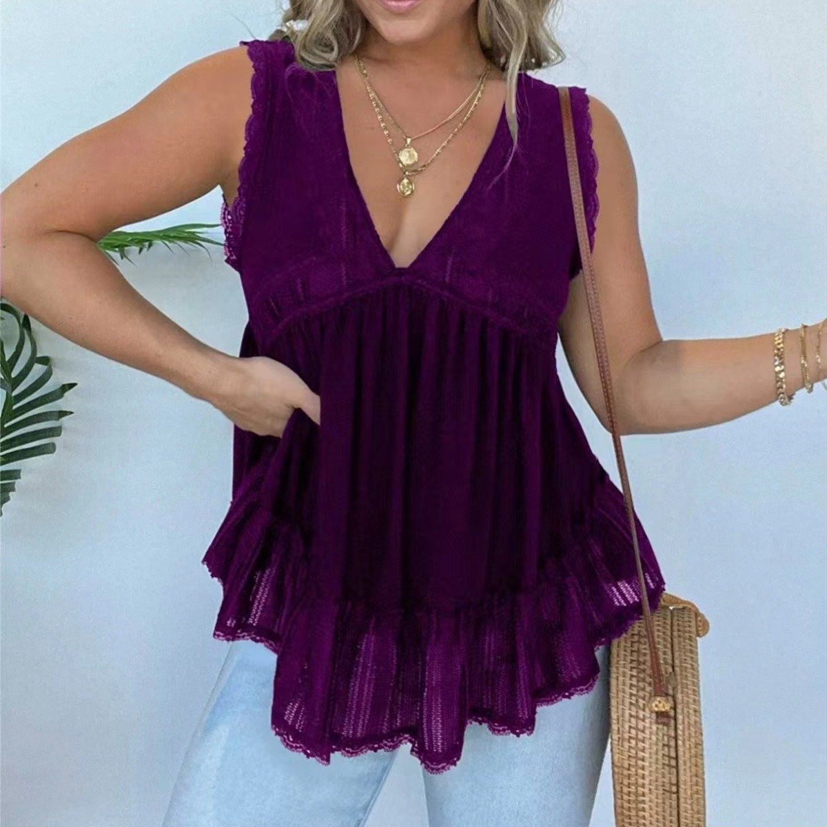 Velvet Lace V-neck Top for Women
