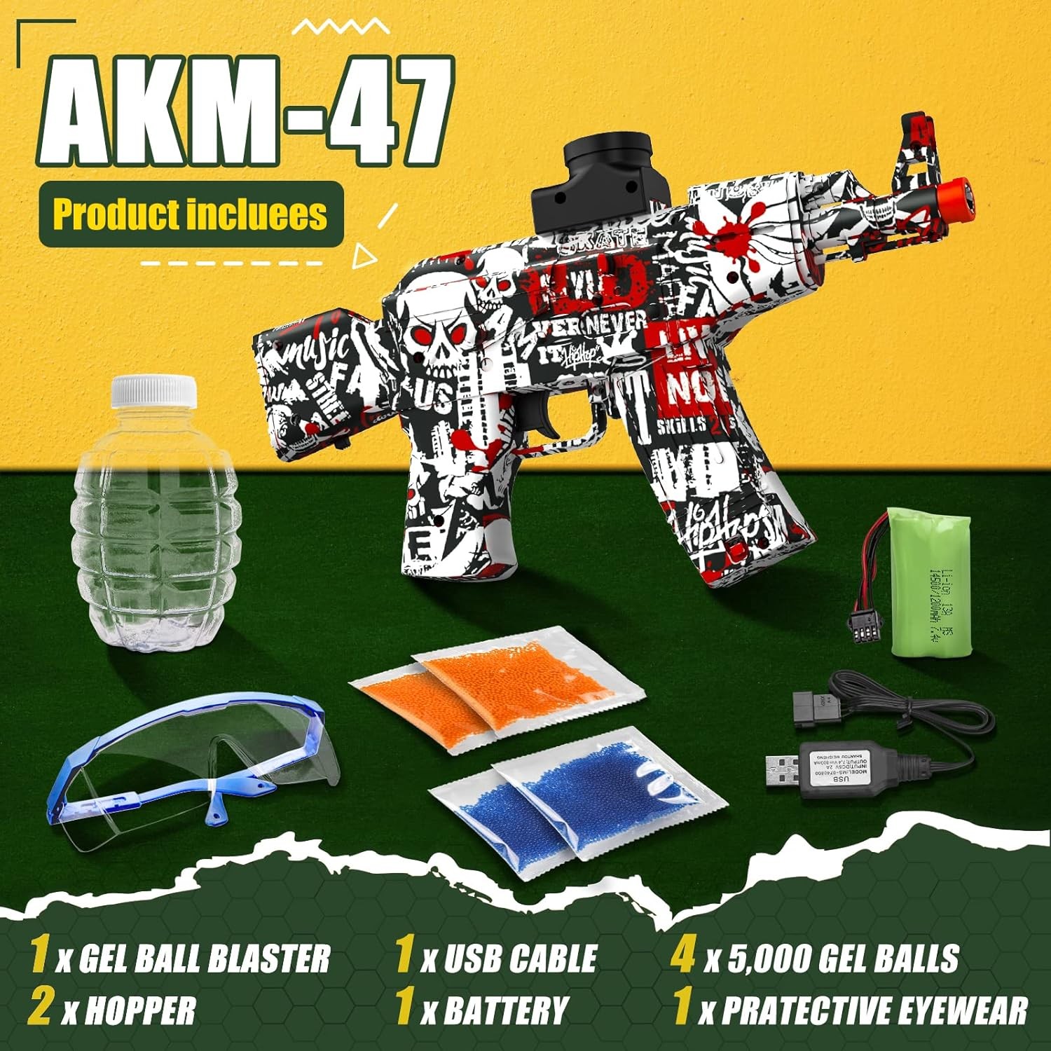 Anstoy Electric with Gel Ball Blaster AEG AKM-47 Splatter Ball Blaster for Splat Gun Automatic Outdoor Activities-Christmas Team Game, Ages 14