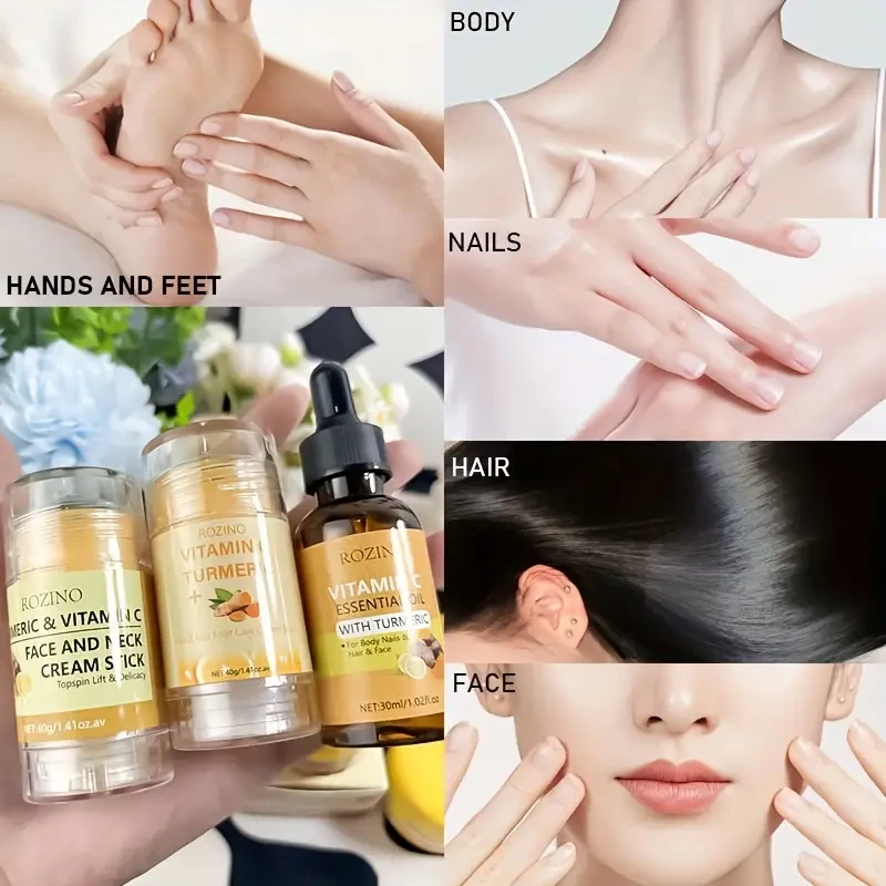 ROZINO Turmeric & Vitamin C 5-Piece Skincare Set - Eye Cream, Face & Neck Cream Stick, Hand & Foot Cream Stick, Essential Oil, and Face & Neck Cream Stick