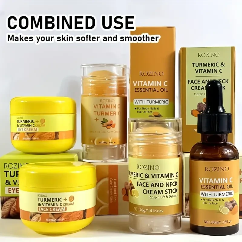 ROZINO Turmeric & Vitamin C 5-Piece Skincare Set - Eye Cream, Face & Neck Cream Stick, Hand & Foot Cream Stick, Essential Oil, and Face & Neck Cream Stick