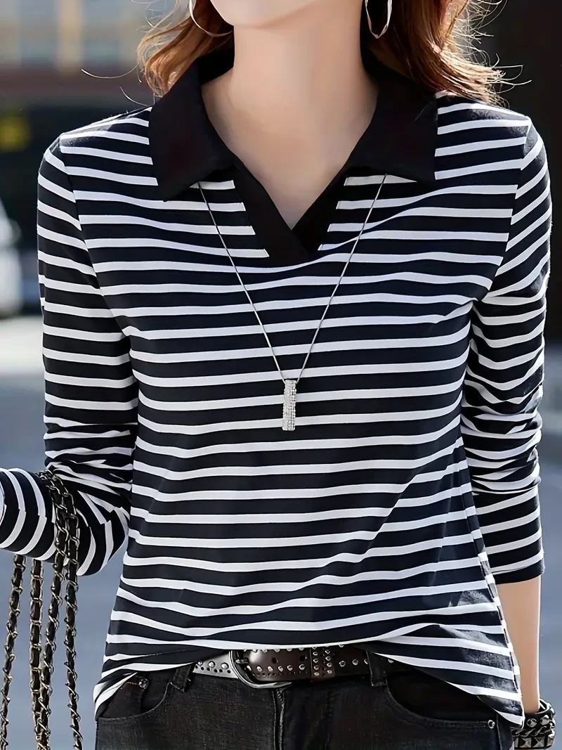 Women's Striped Polo Neck Tee