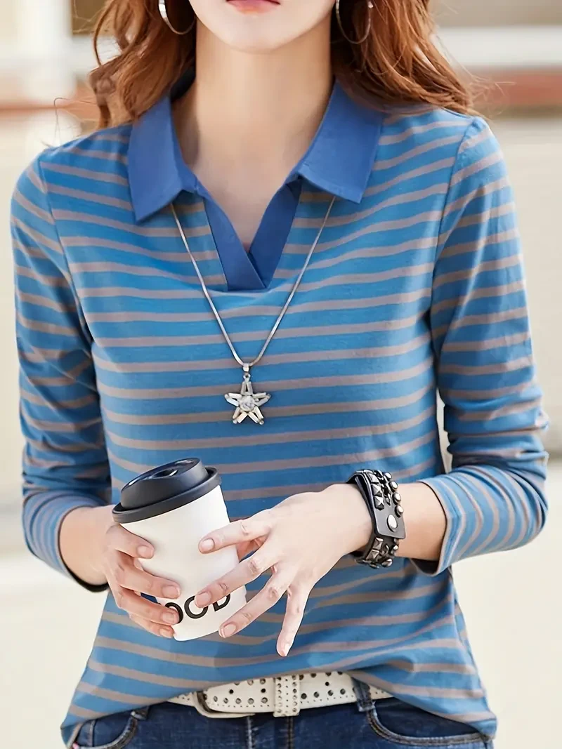 Women's Striped Polo Neck Tee
