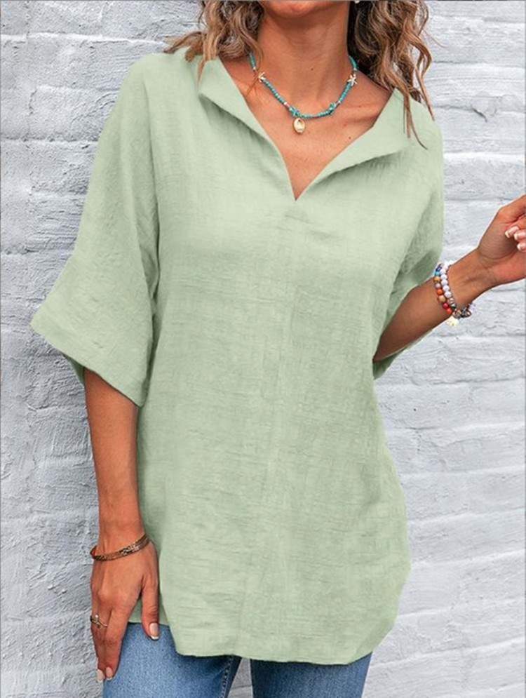 Women's V-neck Solid Color Cotton Shirt