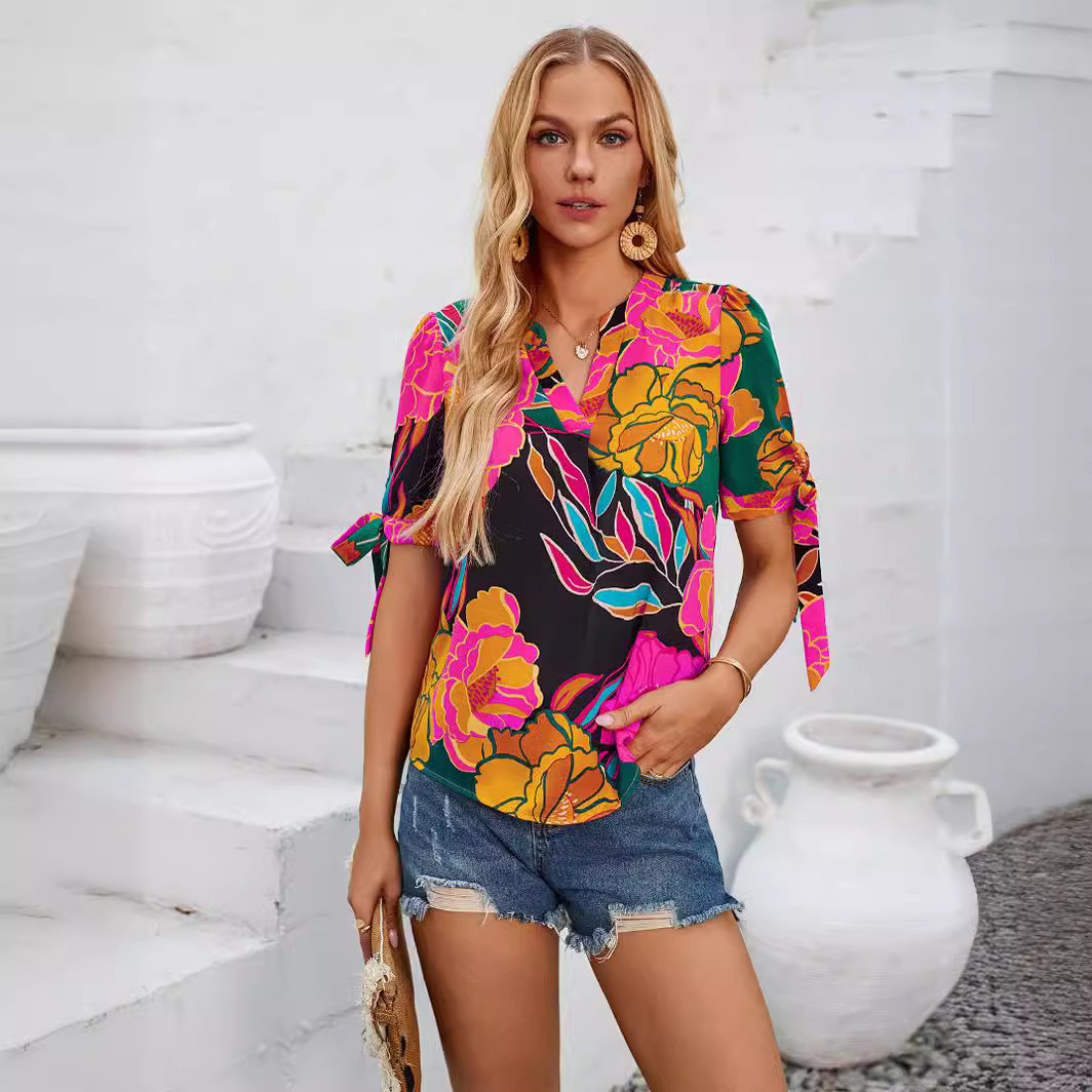 Fashion Printed Casual V-Neck Cuff Bundle Top