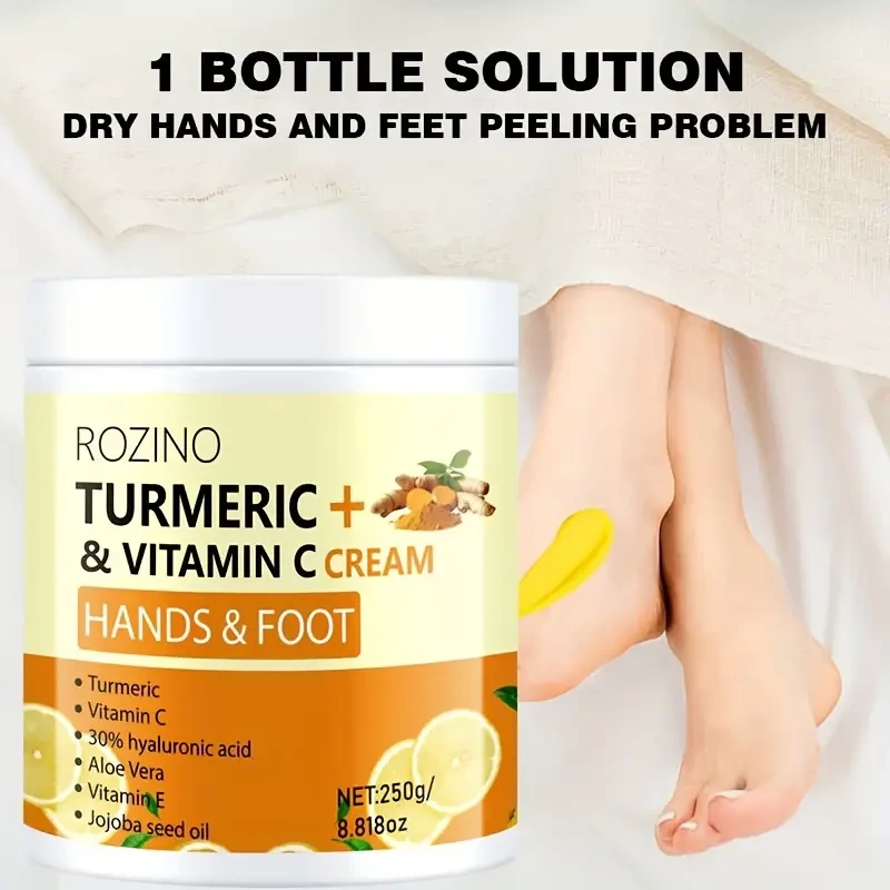 ROZINO Turmeric & Vitamin C Hand and Foot Cream, 250g - Hypoallergenic, Fast-Absorbing Moisturizer for Dry Skin