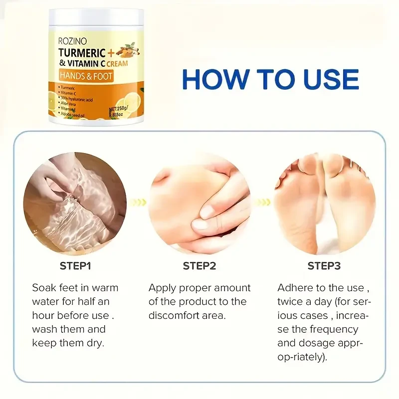 ROZINO Turmeric & Vitamin C Hand and Foot Cream, 250g - Hypoallergenic, Fast-Absorbing Moisturizer for Dry Skin