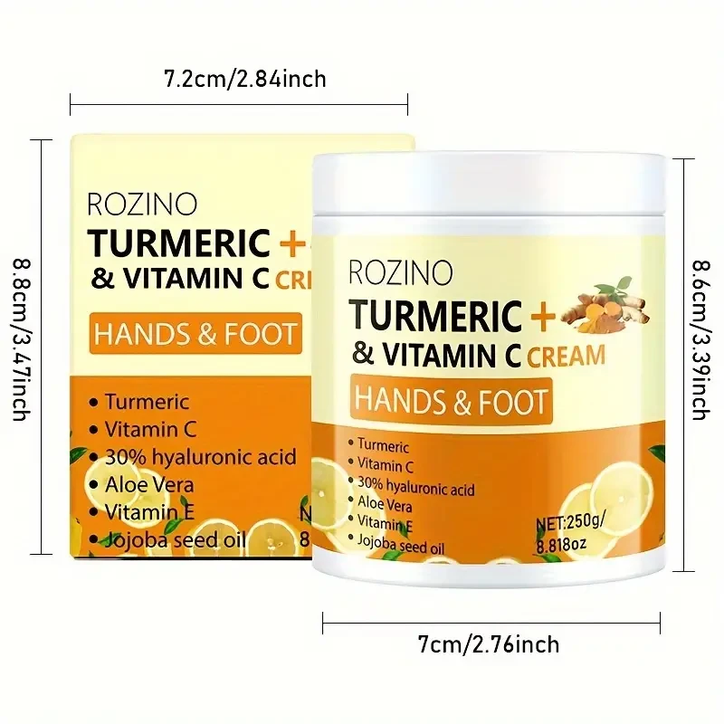 ROZINO Turmeric & Vitamin C Hand and Foot Cream, 250g - Hypoallergenic, Fast-Absorbing Moisturizer for Dry Skin