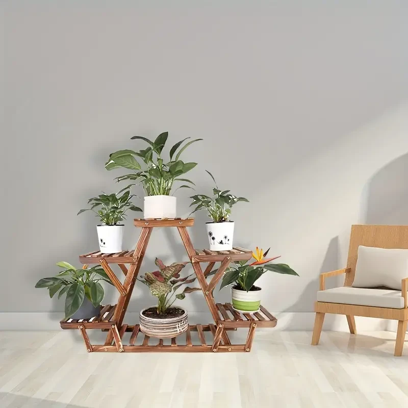 6-Tier Wooden Plant Stand - Waterproof Carbonized Wood Display Rack for Indoor & Outdoor Use