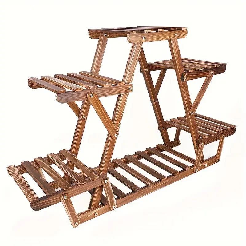 6-Tier Wooden Plant Stand - Waterproof Carbonized Wood Display Rack for Indoor & Outdoor Use