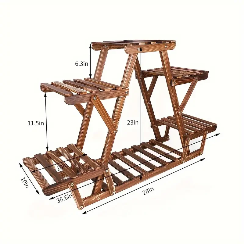 6-Tier Wooden Plant Stand - Waterproof Carbonized Wood Display Rack for Indoor & Outdoor Use