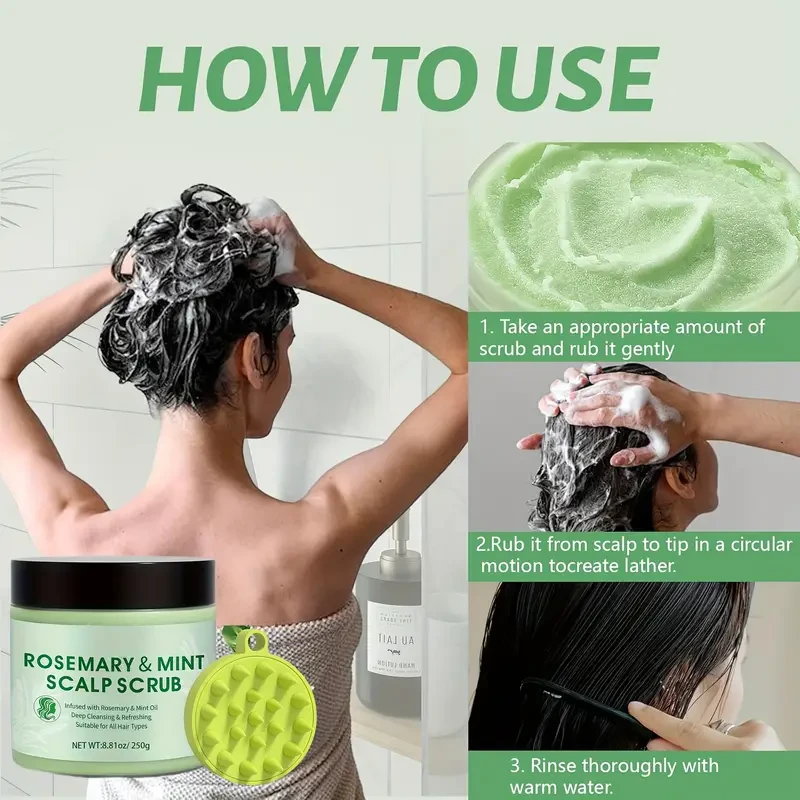 Rosemary & Peppermint Scalp Scrub - 250g Deep Cleansing Shampoo with Massager for All Hair Types
