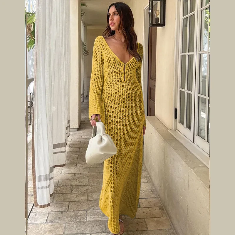 Solid Color Knitted Hollow-out Beach Swimsuit Blouse Sun-proof Women's Skirt