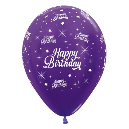 30cm Happy Birthday Purple Metallic 6PK Latex Balloons - Pack of 6