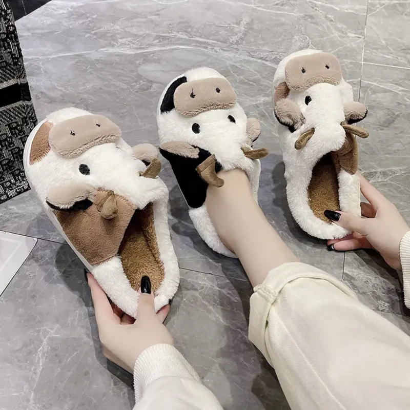 Womens Ultra-Soft Cow Print Fuzzy Slippers
