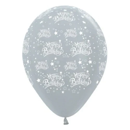 30cm Happy Birthday Stars Silver  Metallic Pearl - Pack of 6