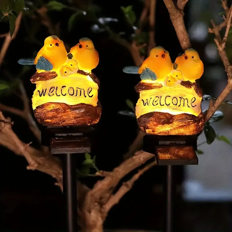Solar-Powered LED Bird Garden Light with Welcome Sign - Resin Stake for Outdoor Lawn Decor