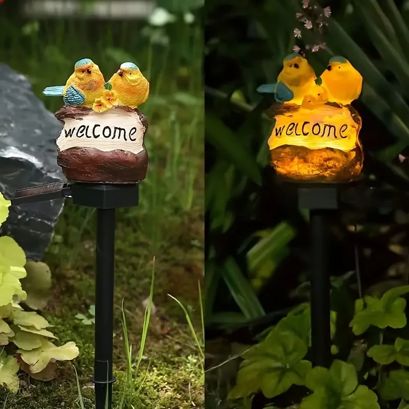 Solar-Powered LED Bird Garden Light with Welcome Sign - Resin Stake for Outdoor Lawn Decor