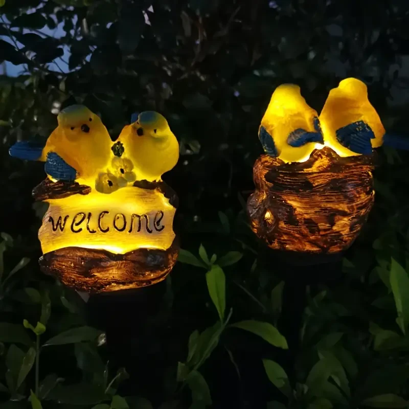 Solar-Powered LED Bird Garden Light with Welcome Sign - Resin Stake for Outdoor Lawn Decor