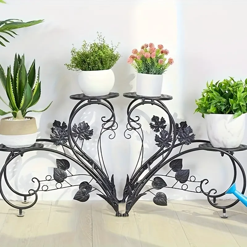 4-Tier Tall Metal Plant Stand - Black Iron Flower Planter Rack for Indoor and Outdoor Use