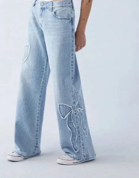 Women's Straight Trousers Embroidered Side Frayed Butterfly Jeans