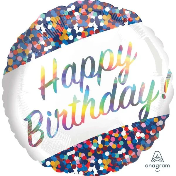 Balloon - 45cm Standard Holographic Iridescent Happy Birthday Confetti