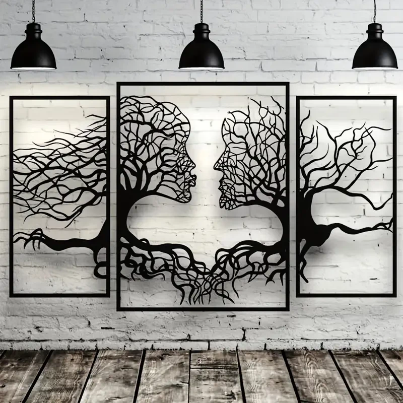Art Deco Black Metal Love Tree Silhouette Wall Art - Abstract Figures Hanging Sculpture