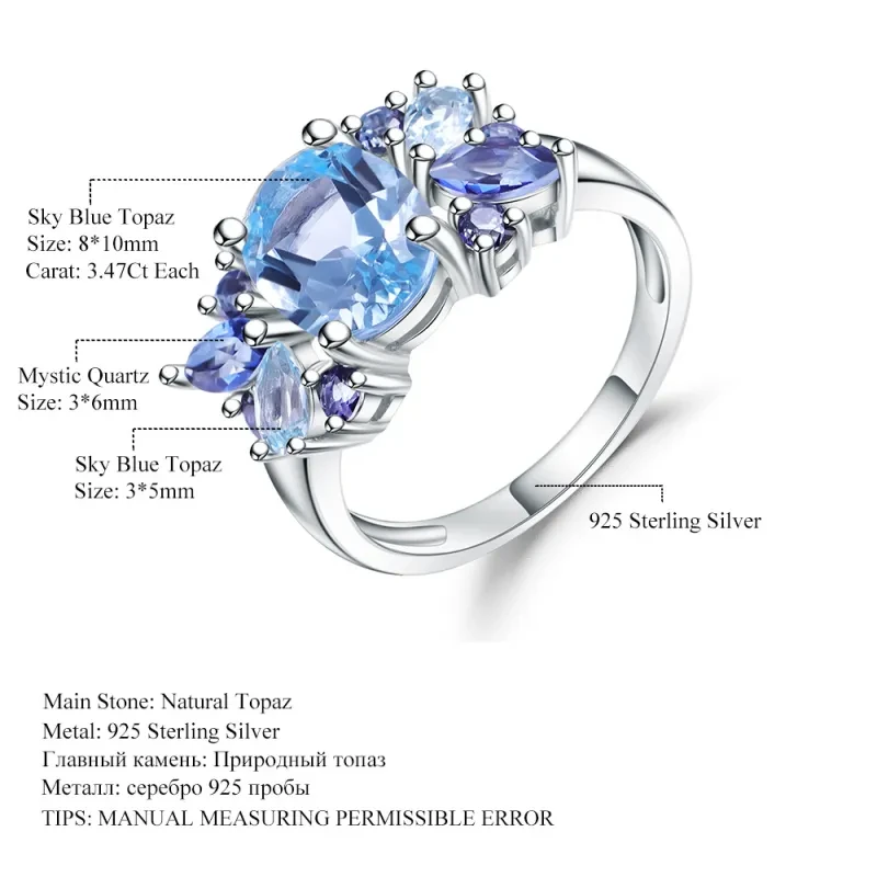 S925 Sterling Silver Natural Topaz Gemstone Ring  Elegant Blue Statement Jewelry