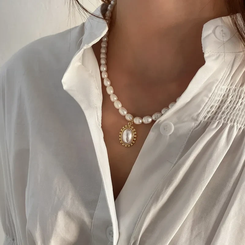 Sterling Silver Art Shaped Bead Pearl Pendant Necklace