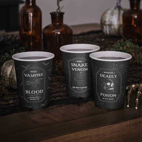 Deadly Soiree Black Potion Label Halloween Paper Party Cups