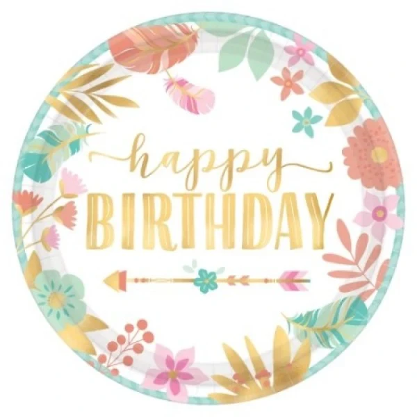 Round Metallic Plates - Boho Birthday Girl (17cm) - Pack of 8