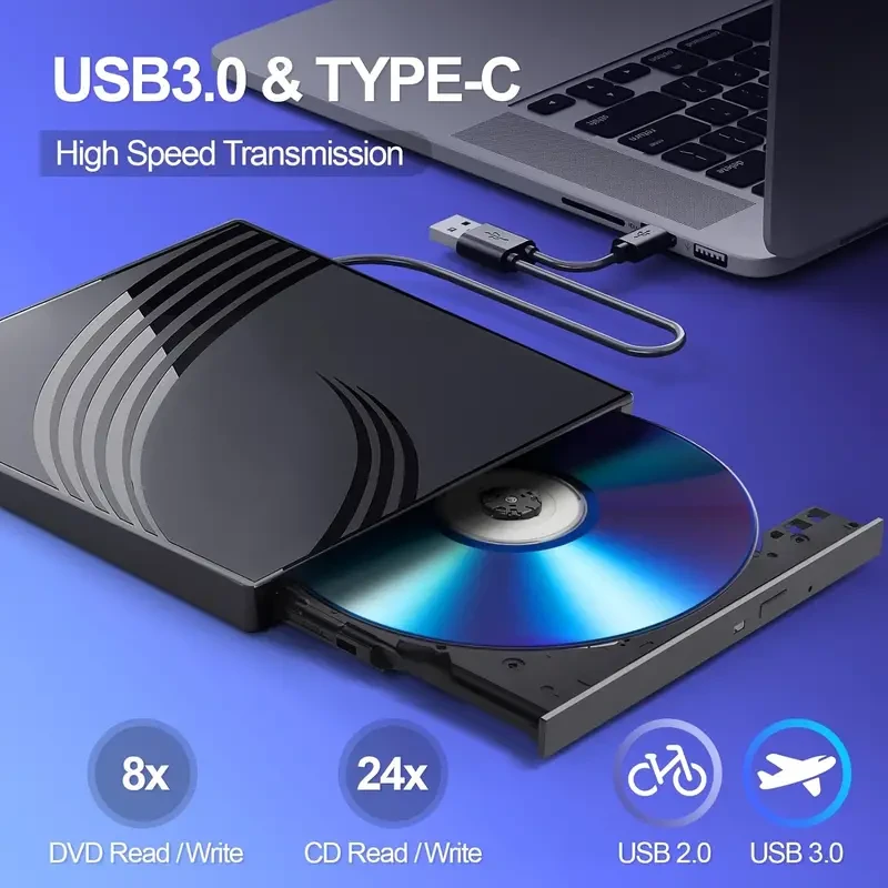 Ultra Slim External CD DVD Drive with USB 3.0 Ports and TF/SD Card Slots