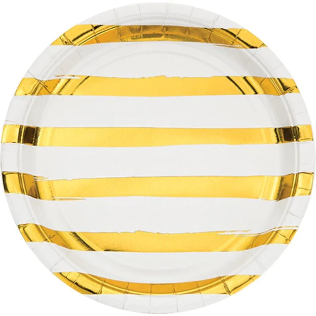 Touch Of Colour White & Gold Foil Striped Dinner Plates Paper  (Pack of 8)