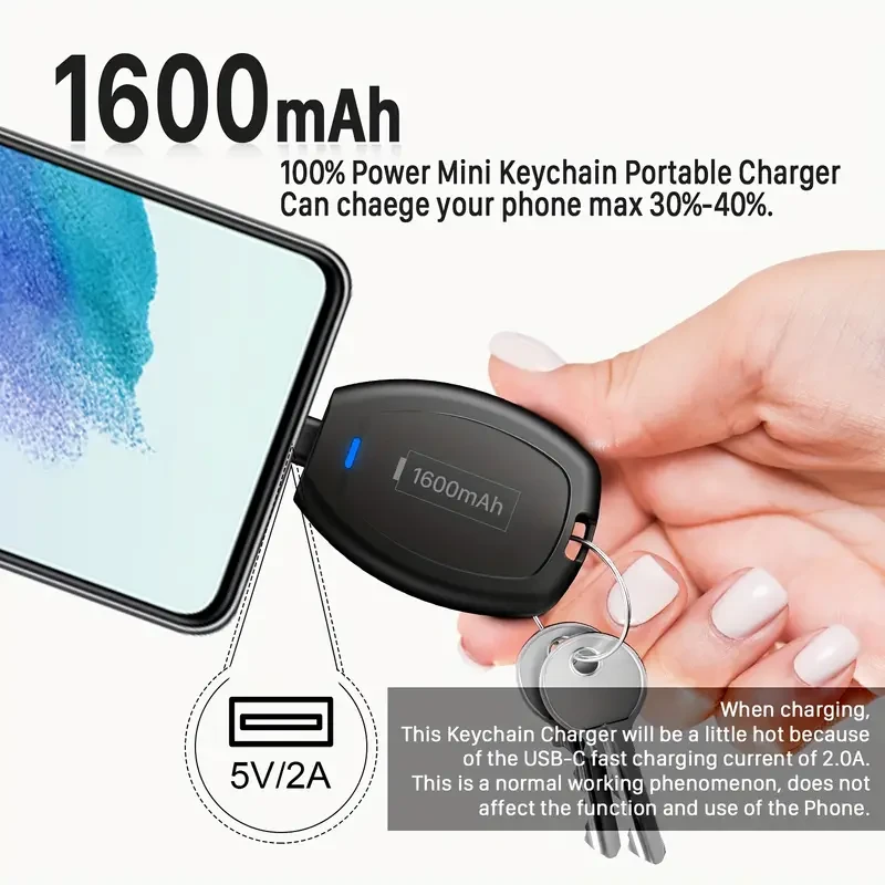 1600mAh USB-C/Type-C Keychain Portable Charger