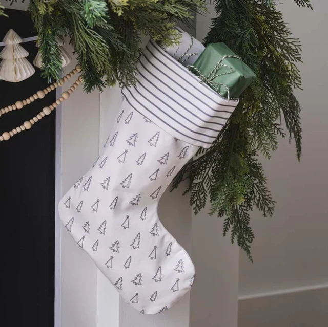 Nordic Noel - Grey Tree and Stripe Printed Christmas Stocking
