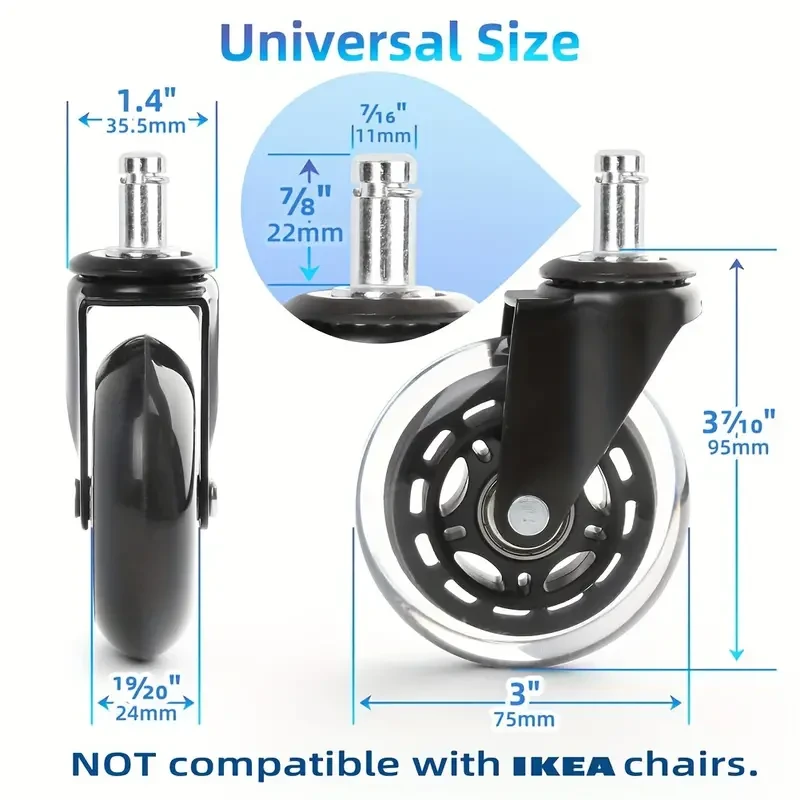 Set of 5 Heavy Duty 3-Inch Office Chair Casters - Rubber Swivel Wheels
