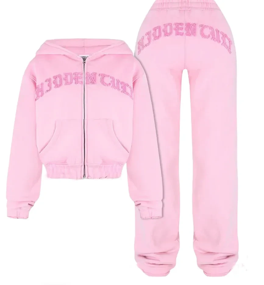 Ins Letter Sports Suit Zip-up Hooded Cropped Sweatshirt Top And Loose Drawstring Trousers Fashion Womens Clothing