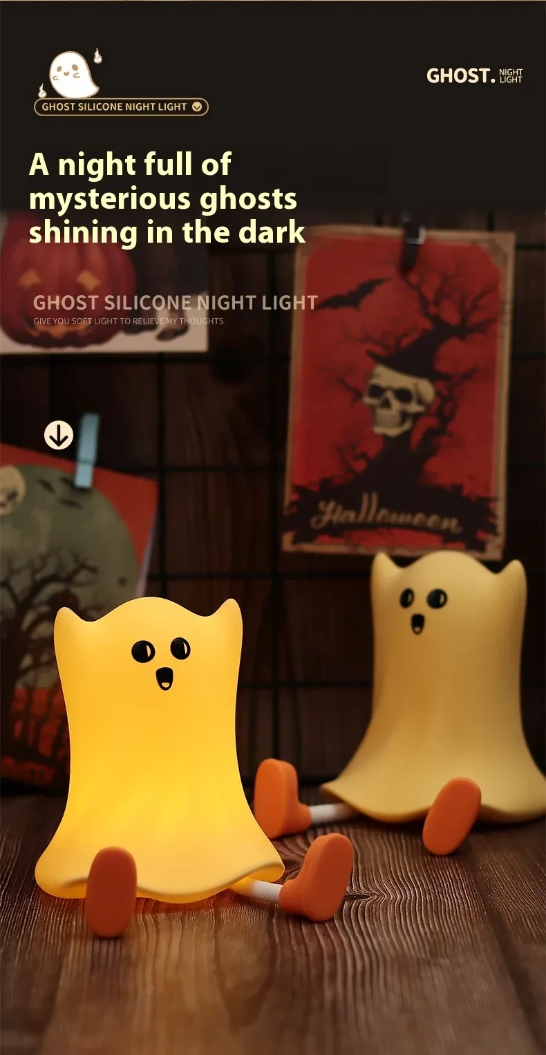 Halloween Silicone Ghost Shaped Bedside Lamp With Touch Control Soft Glow For Water-resistant Decoration