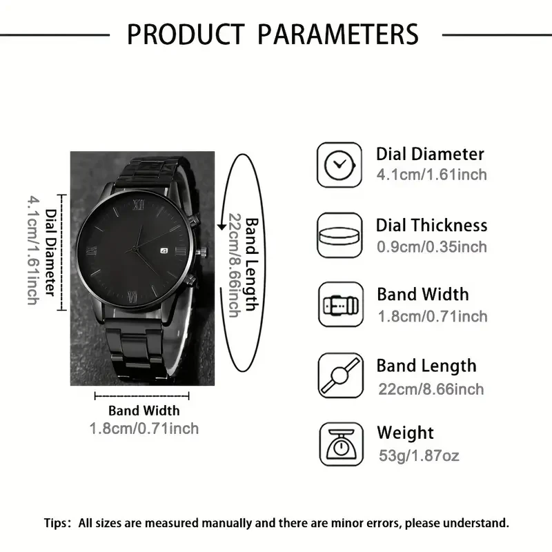 Men's Stylish Round Black Calendar Quartz Watch Set