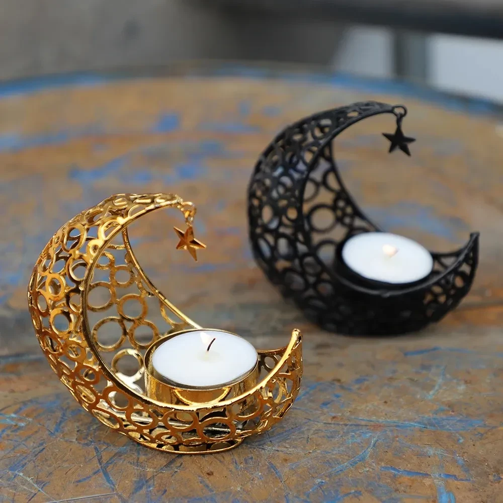 Light Luxury Crescent Moon Star Moon Black Gold Metal Candle Holder Modern Romantic Wedding Christmas Candle Cup Home Decor