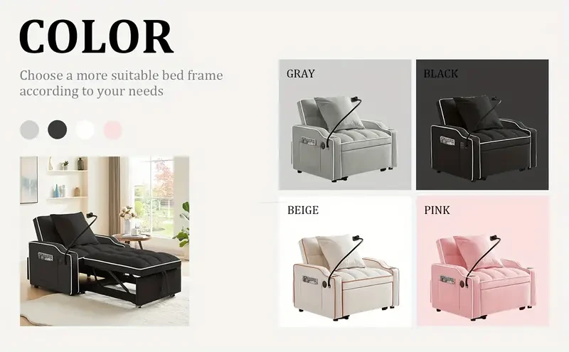 3 in 1 Convertible Sleeper Sofa Chair Bed with Adjustable Backrest, Phone Holder, and USB Type-C - Black