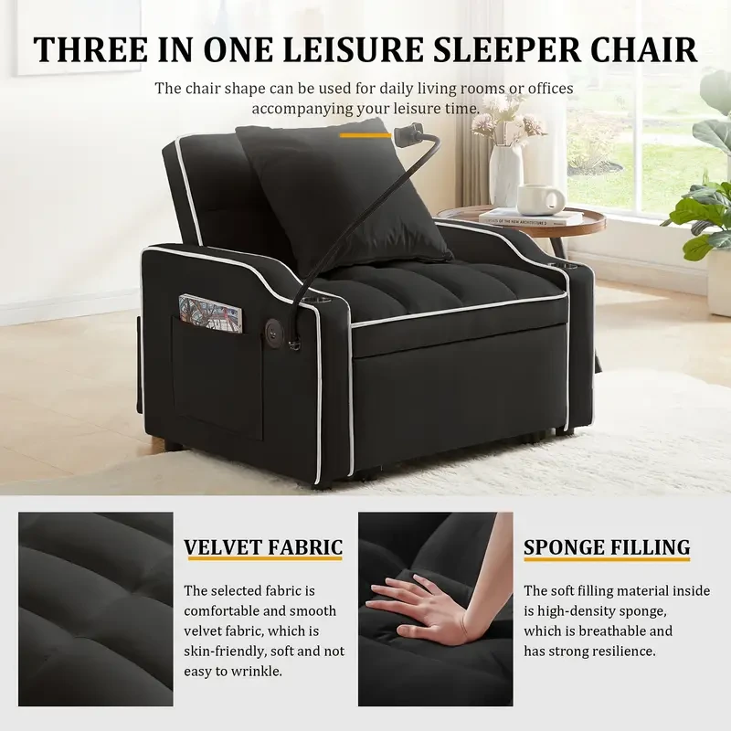 3 in 1 Convertible Sleeper Sofa Chair Bed with Adjustable Backrest, Phone Holder, and USB Type-C - Black