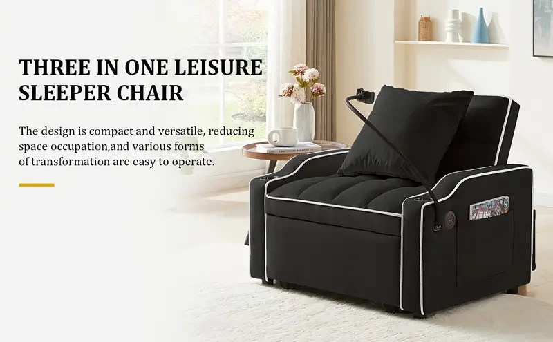 3 in 1 Convertible Sleeper Sofa Chair Bed with Adjustable Backrest, Phone Holder, and USB Type-C - Black
