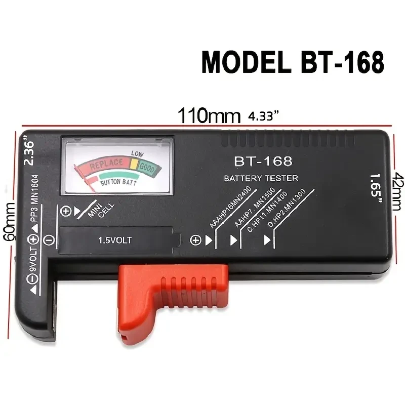 BT-168 Universal Battery Tester - Quickly Check AA, AAA, C, D, 9V, 1.5V Batteries with Color-Coded Meter Indicators