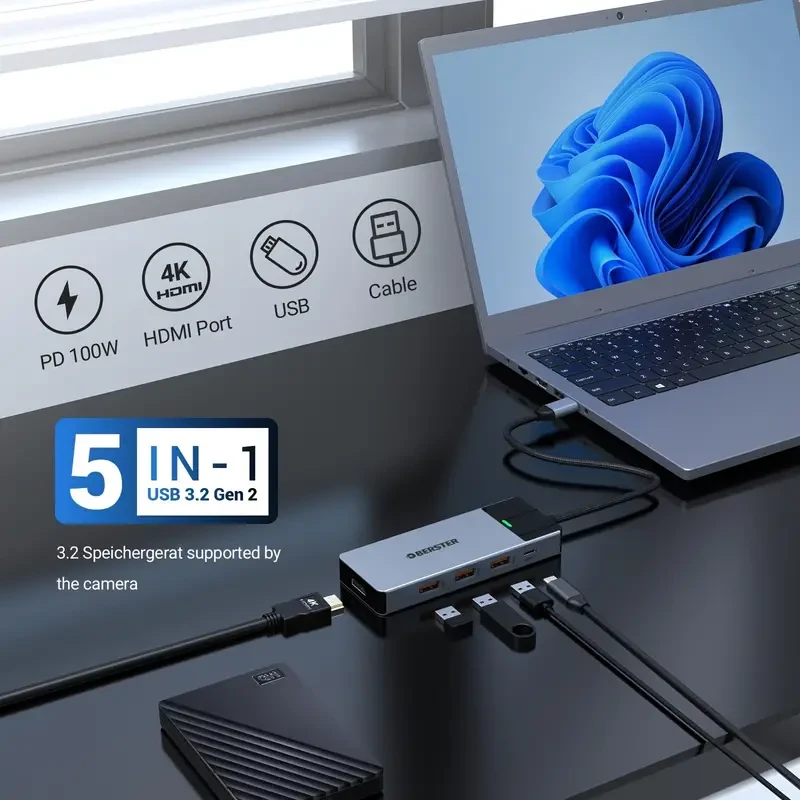 OBERSTER 5-in-1 USB C Hub with 4K HDMI, 3 USB 3.2 Ports (10Gbps), and 100W PD